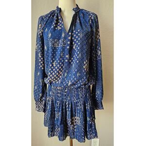 Three Pears Geometric Long Sleeve Smocked Drop Waist‎ Mini Dress Blue Womens M